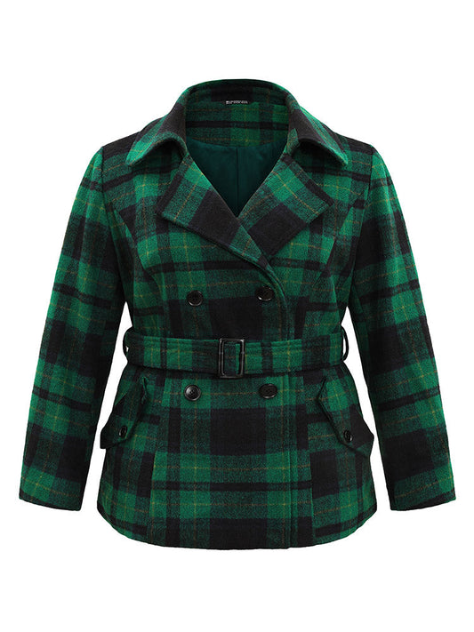 Double Breasted Lapel Collar Pocket Belted Jacket