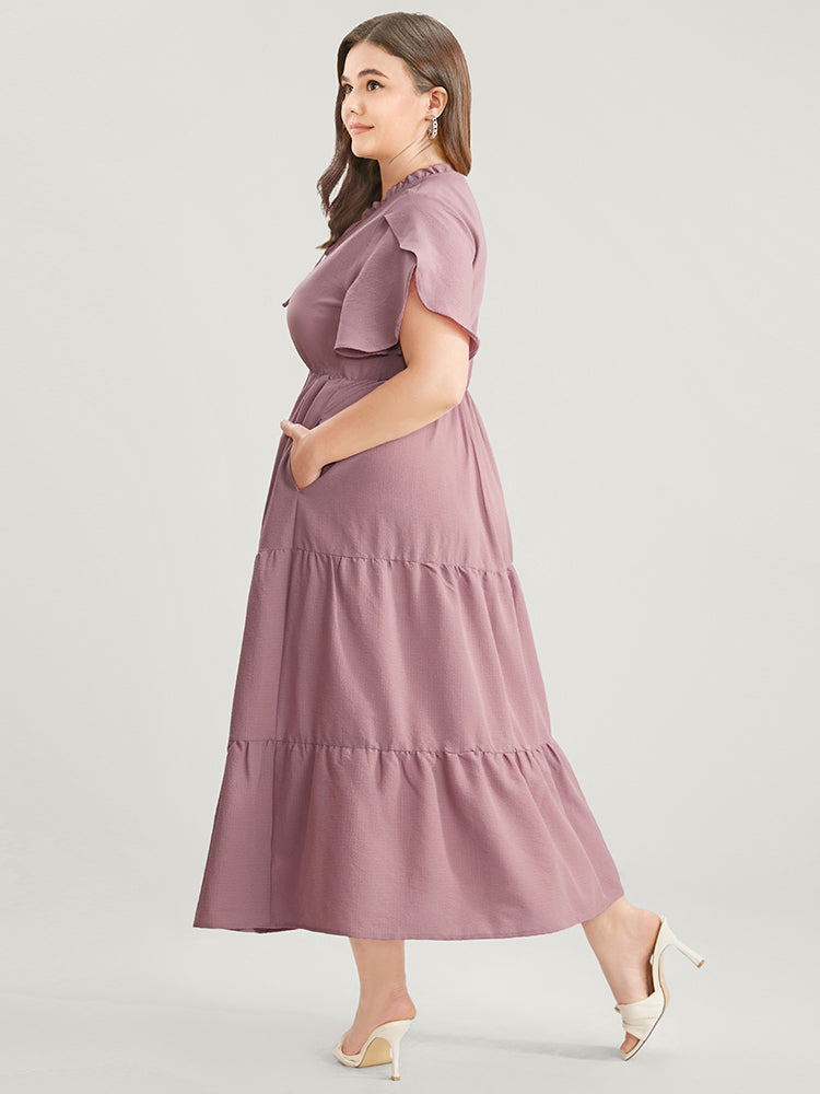 Plain Split Sleeve Pocket Knot Neck Ruffle Tiered Dress