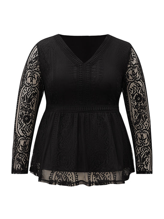 Solid Guipure Lace Mesh Elastic Waist Blouse