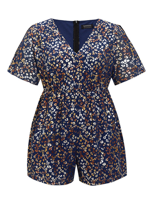 Leopard Glitter Zip Back Pocket Cold Shoulder Romper