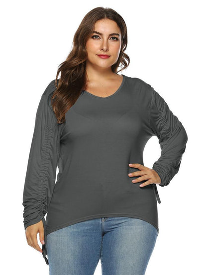 Shirring Sleeve Solid Color T-shirt