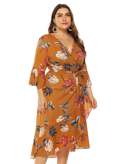 Floral Wrap Ruffle Sleeve Dress