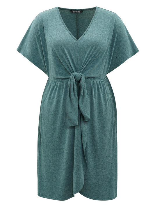 Plain Bowknot Pocket Wrap Hem V Neck Dress