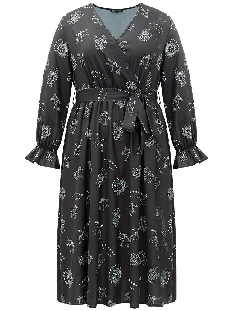 Halloween Print Belted Pocket Wrap Split Hem Dress