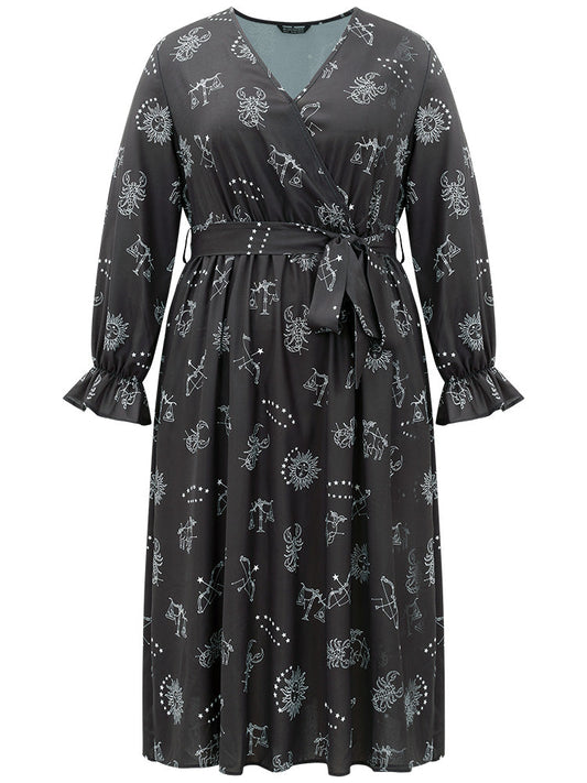 Halloween Print Belted Pocket Wrap Split Hem Dress
