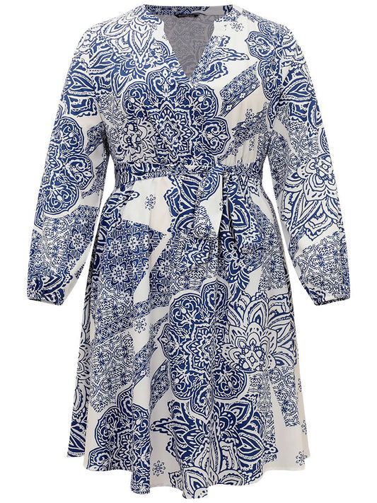 Bandana Print Notched Belted Dress