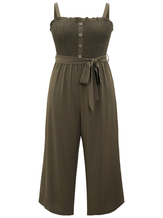 Shirred Frill Trim Belted Button Detail Cami Jumpsuit