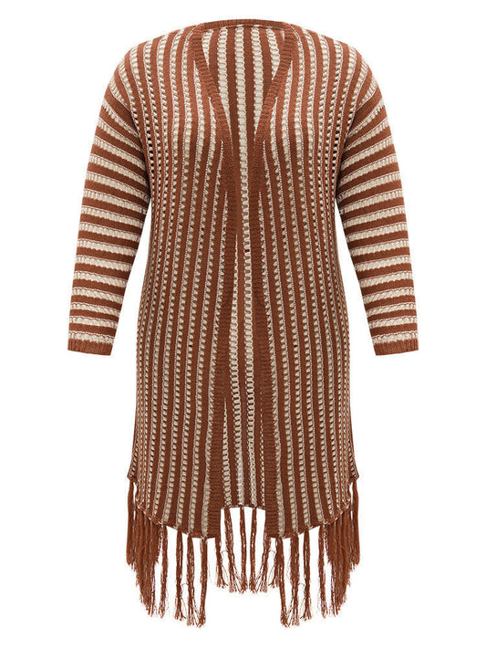 Striped Open Front Tassel Trim Hollow Out Cardigan