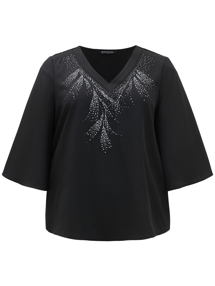 Twill Rhinestone V Neck Ruffle Sleeve Blouse