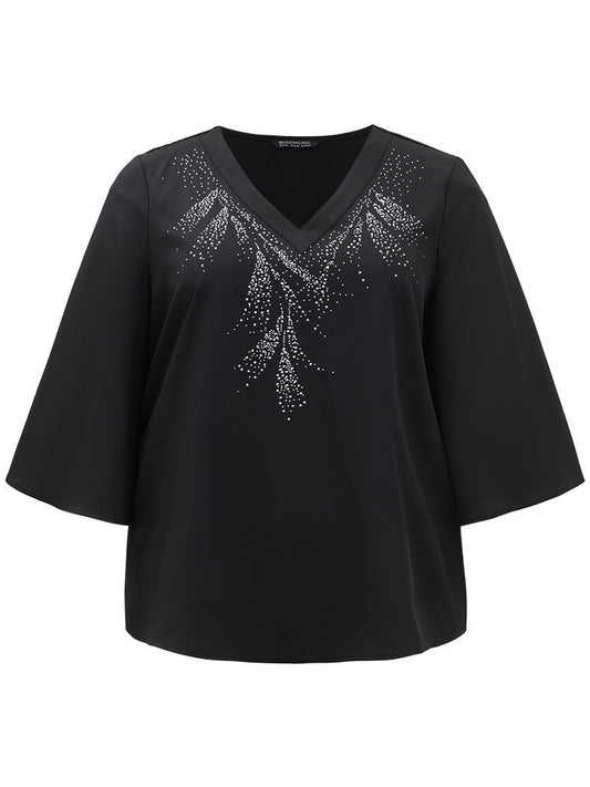 Twill Rhinestone V Neck Ruffle Sleeve Blouse