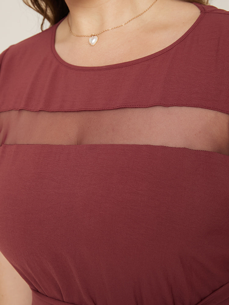 Plain Round Neck Pocket Mesh Insert Belted Flutter Dress