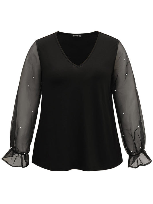 Pearl Beaded Mesh Patchwork T-shirt