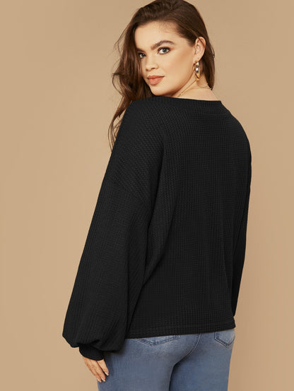 Drop Shoulder Lantern Sleeve Waffle Knit Top