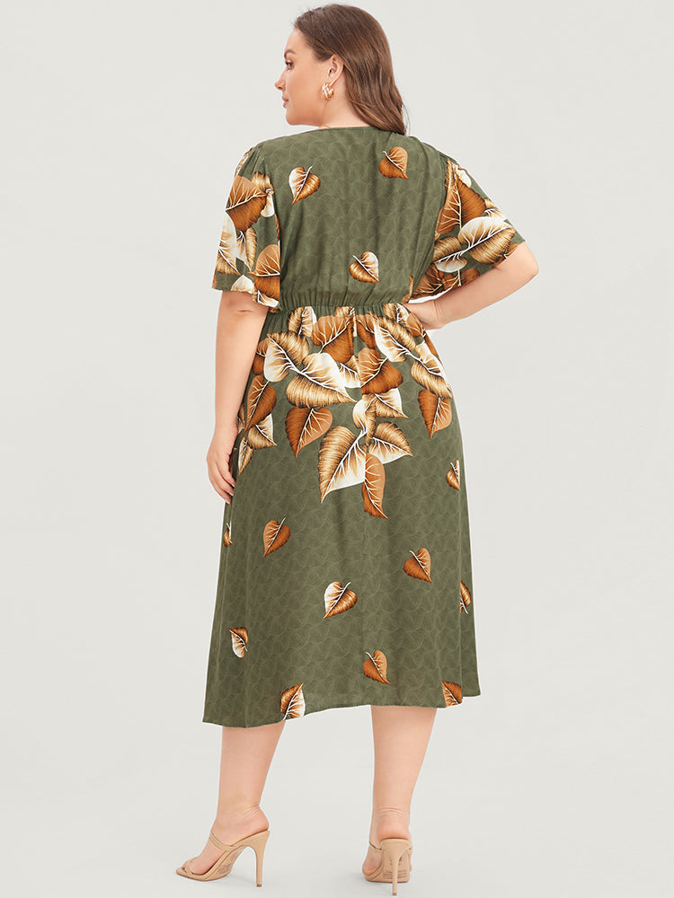 Plant Print Surplice Neck Pocket Split Hem Dress
