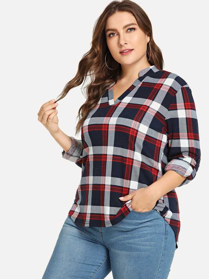 V-Neck Plaid Blouse