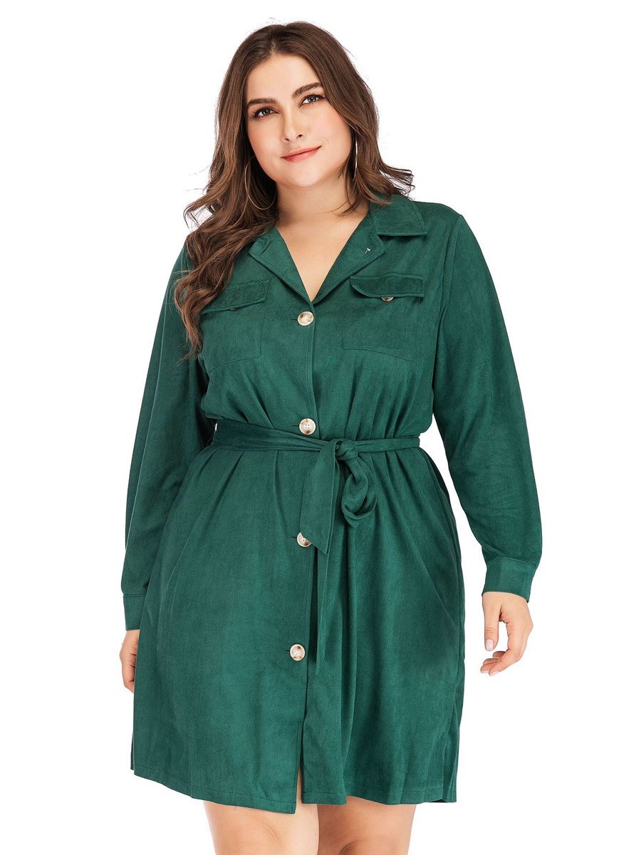 Suede Belt Lapel Shirt Dress