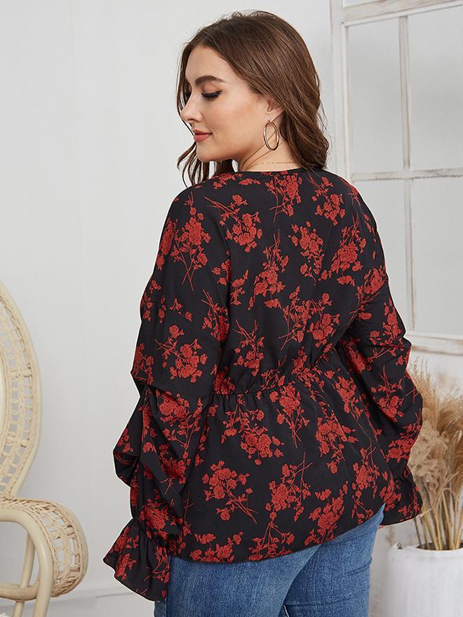 Floral Printed V-neck Tight Waist Blouse