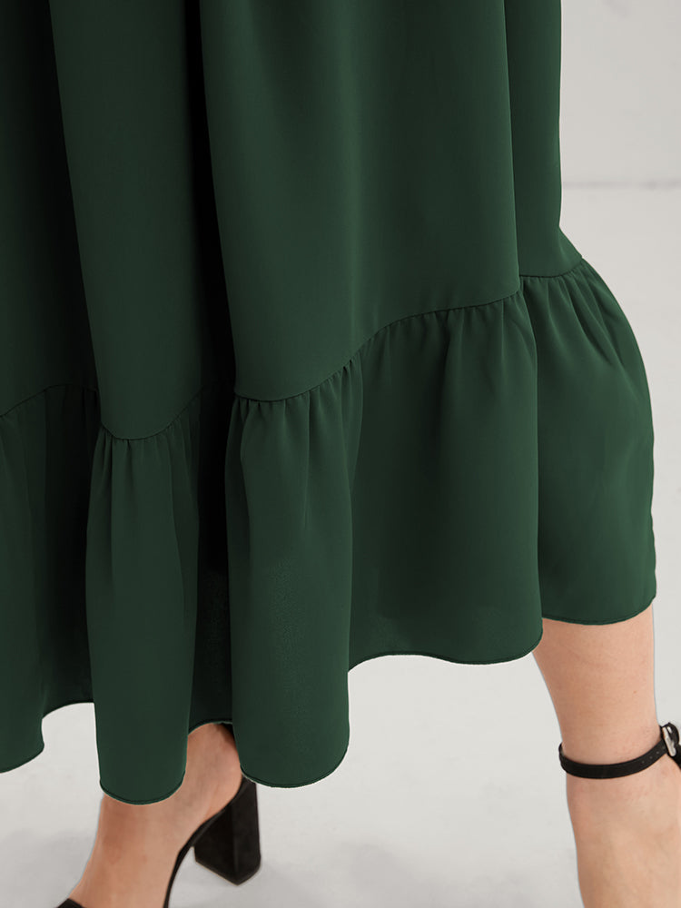 Solid Lantern Sleeve Shirred Pocket Lace Trim Ruffle Hem Dress