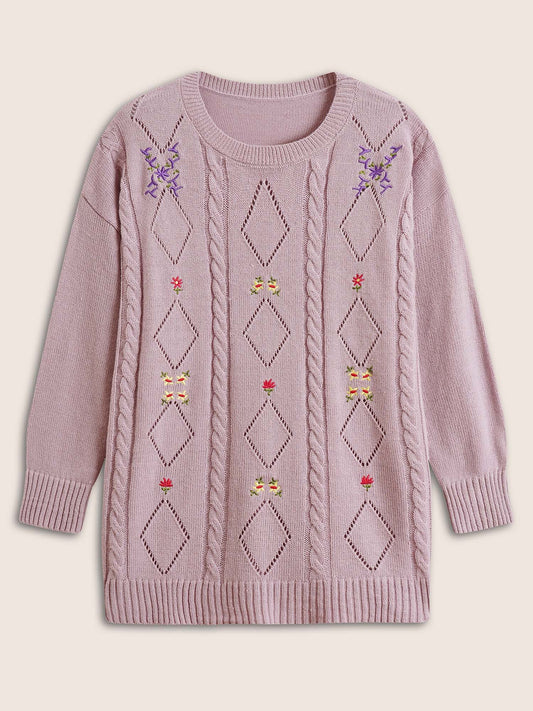 Floral Embroidered Geometric Hollow Out Cable Knit Pullover