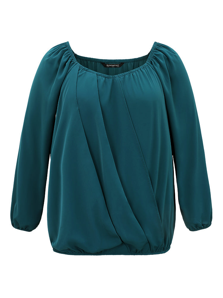 Static-Free Solid Lantern Sleeve Plicated Detail Blouse