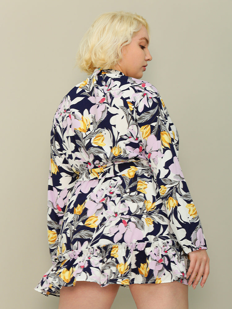 Mandarin Collar Ruffled Floral Dress