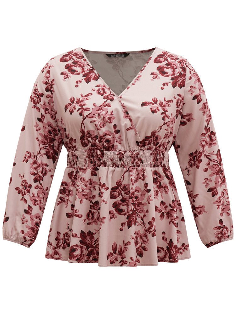 Floral Print Shirred Surplice Neck Blouse