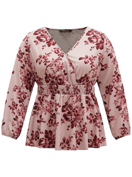 Floral Print Shirred Surplice Neck Blouse