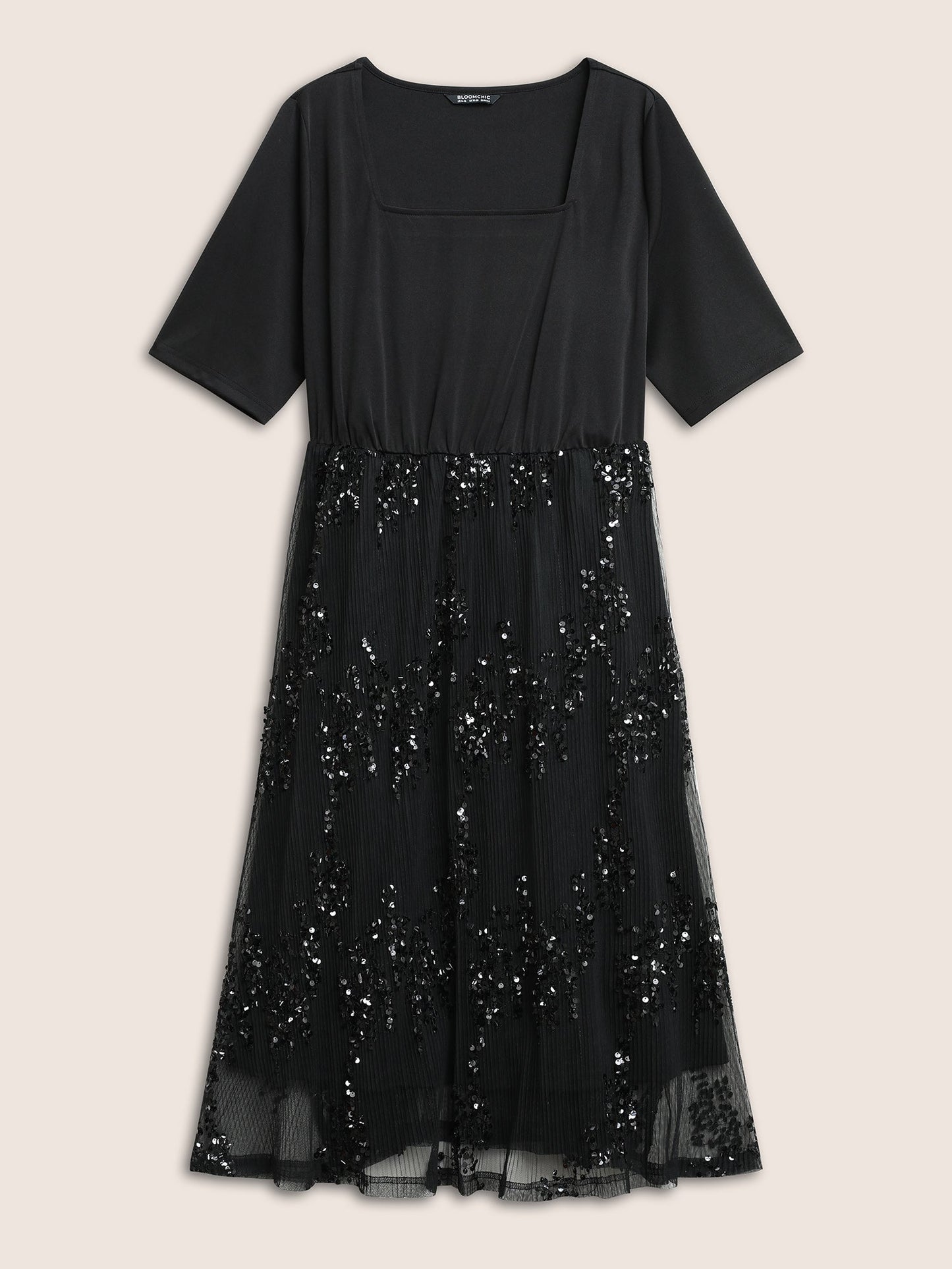 Sequin Mesh Patchwork Square Neck Elastic Waist Dress