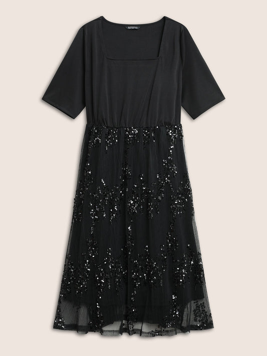 Sequin Mesh Patchwork Square Neck Elastic Waist Dress