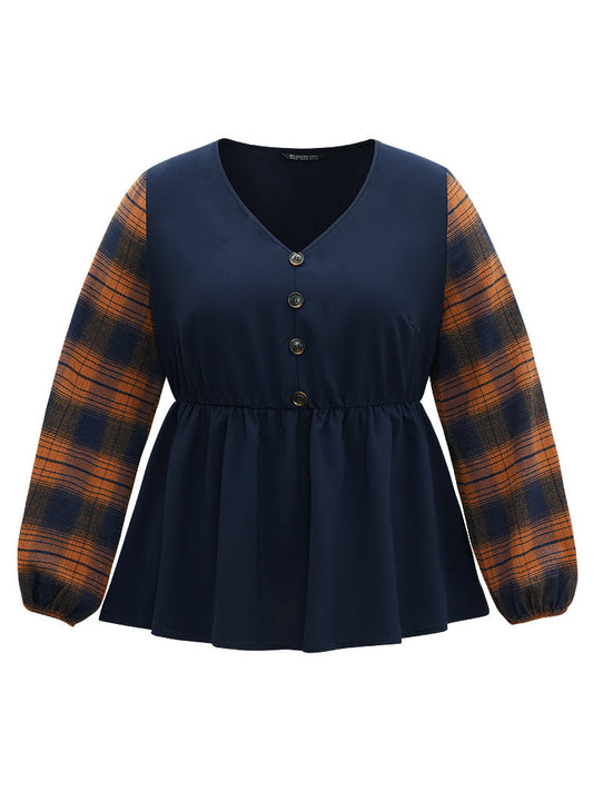 Halloween Plaid Patchwork Button Detail Elastic Waist Blouse