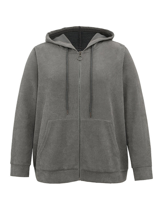 Waffle Knit Plain Hooded Pocket Thick Sweatshirt