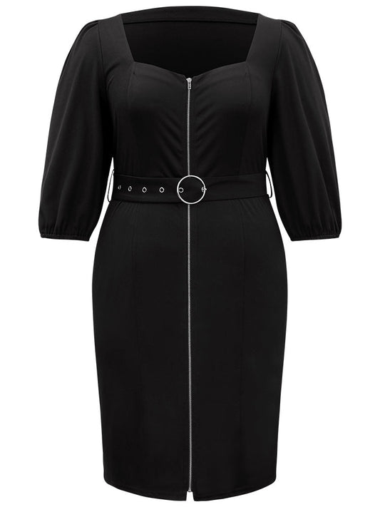 Plain Square Neck Belted Metal Detail Zipper Dress