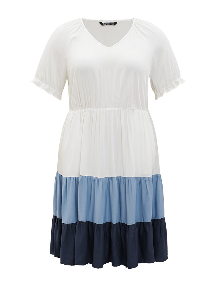 Contrast Raglan Sleeve Gathered Ruffle Layered Hem Dress