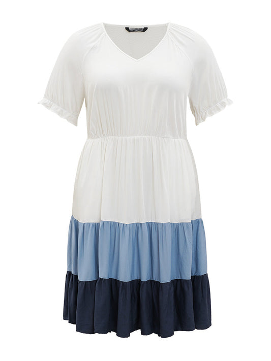 Contrast Raglan Sleeve Gathered Ruffle Layered Hem Dress