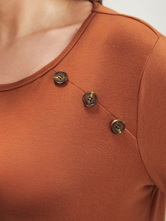 Solid Round Neck Button Detail Long Tee