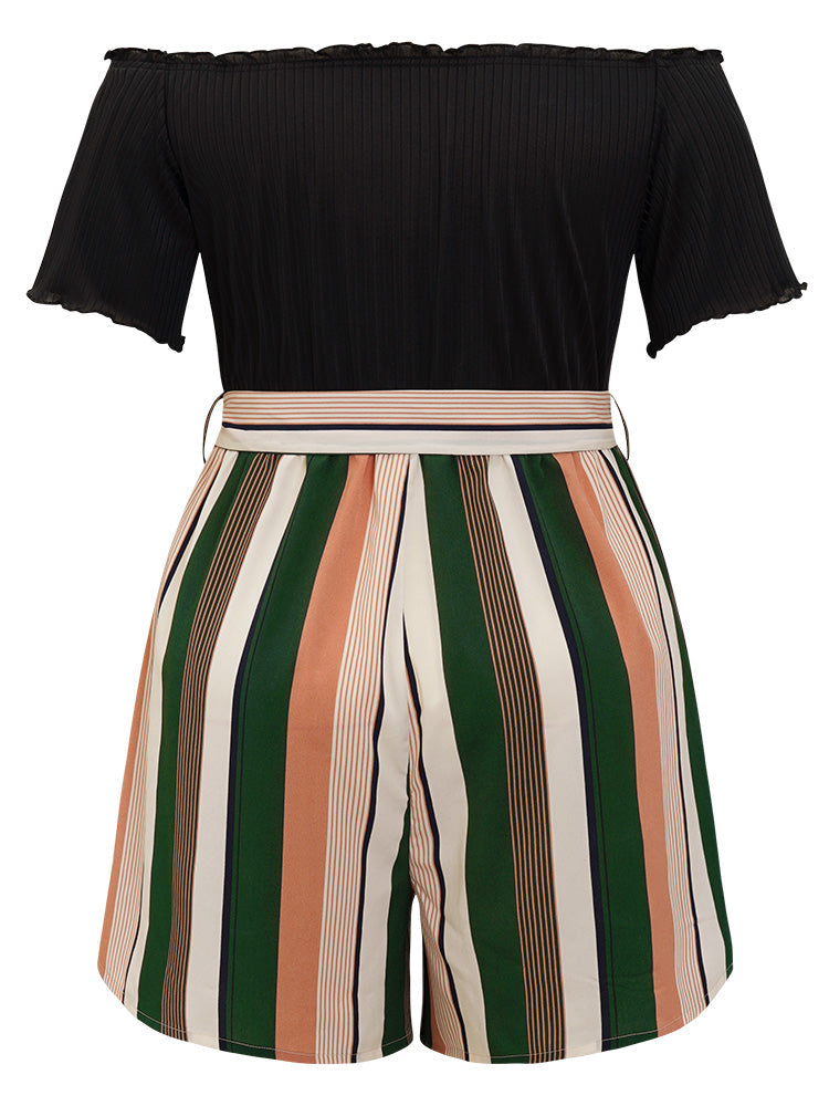 Striped Patchwork Rib Knit Belt Off Shoulder Romper