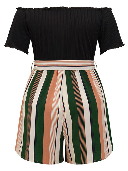 Striped Patchwork Rib Knit Belt Off Shoulder Romper