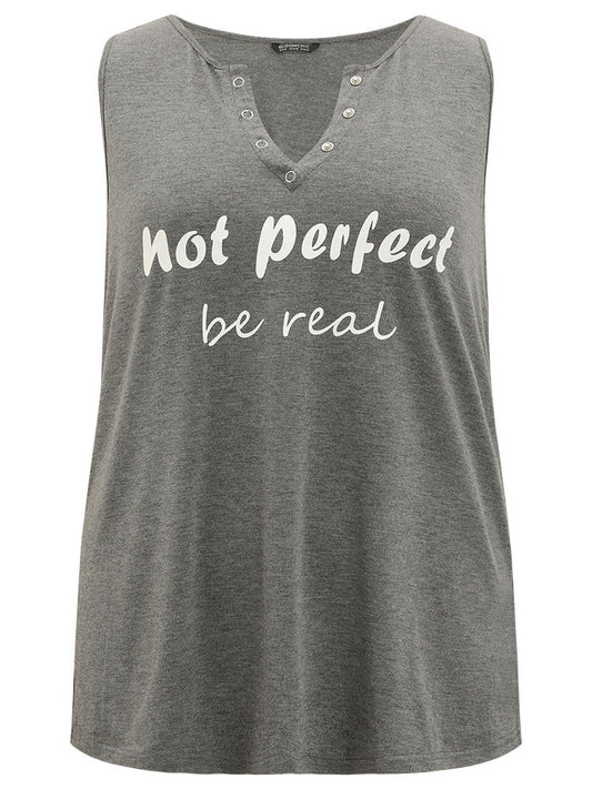 Letter Print Button Notched Tank Top