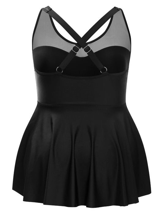 Ruffles Mesh Patchwork Crisscross Back Tankini Top