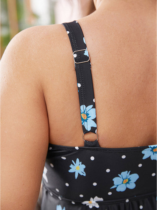 Floral & Polka Dot V Neck Split Front Swim Dress