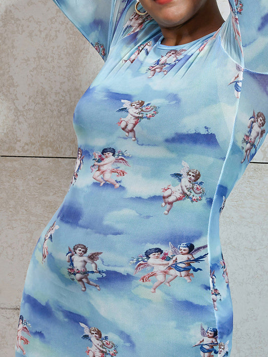 Baroque Print Mesh Bodycon Dress