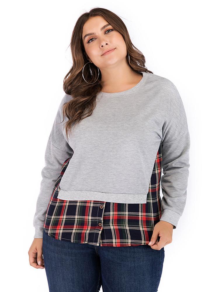 Plaid Patcwork Round Neck T-shirt