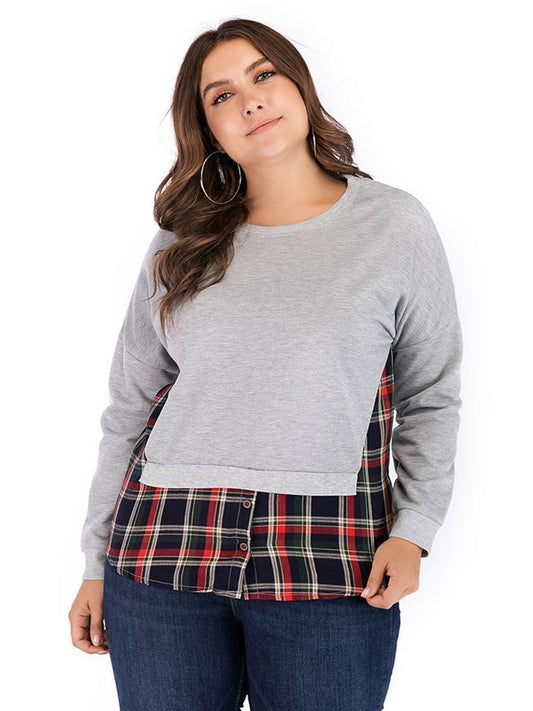 Plaid Patcwork Round Neck T-shirt
