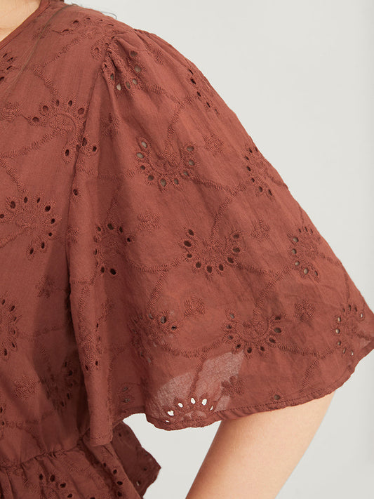 Plain V Neck Laser Cut Pocket Ruffle Trim Midi Dress