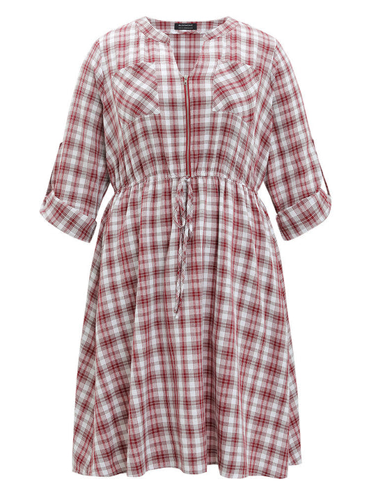 Plaid Drawstring Zipper Notched Tab Sleeve Dress