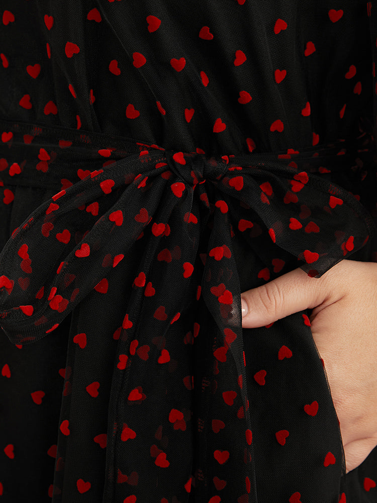 Heart Print Square Neck Pocket Mesh Belted Ruffles Dress