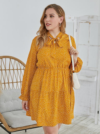 Dot Printed Cravat Pleated Dress
