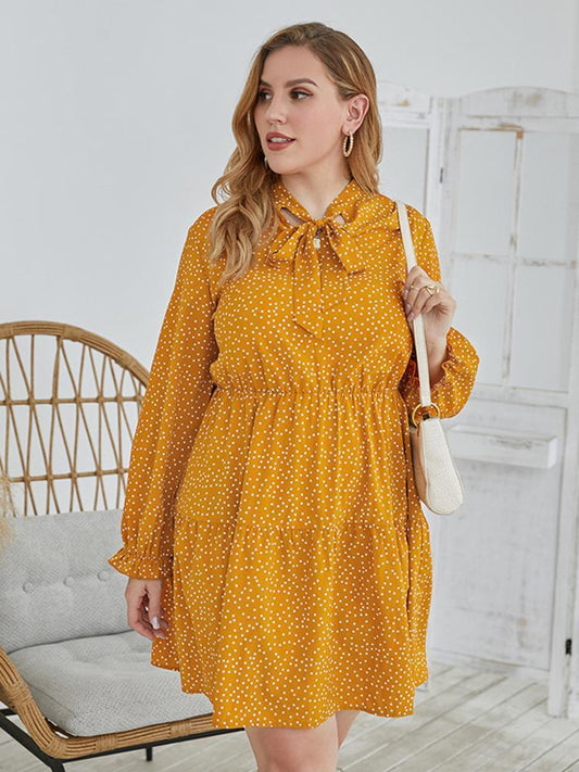 Dot Printed Cravat Pleated Dress