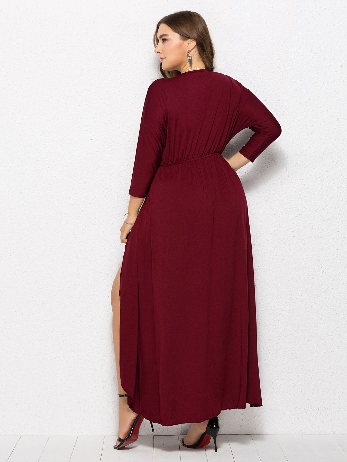 Split V-neck Solid Color Maxi Dress