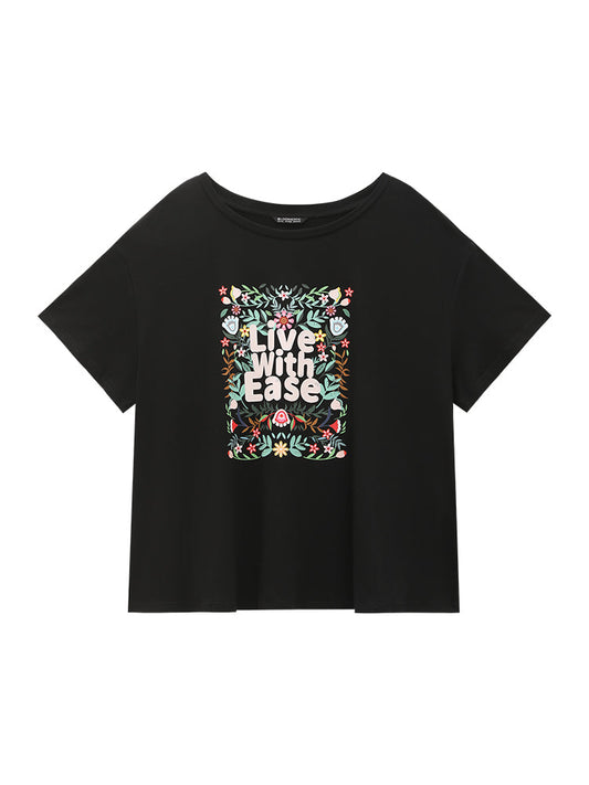 Floral & Slogan Print Slightly Stretchy Casual T-shirt